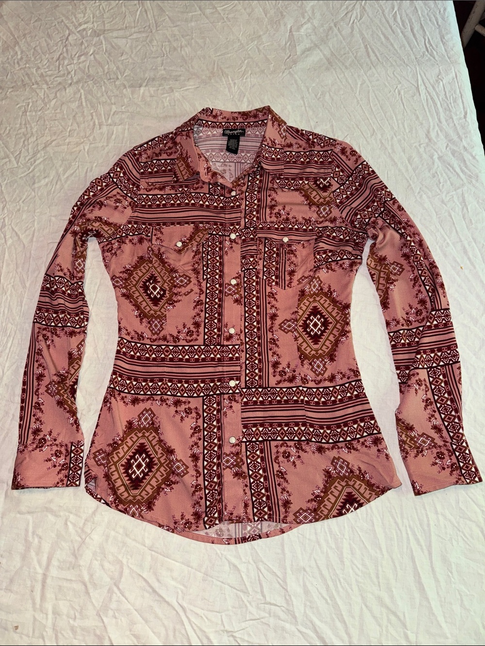 Wrangler Pink Geometric Southwestern Pearl Snap Western Shirt Size Small